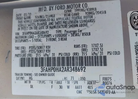 2010 Ford Fusion Se z USA, uszkodzony, nr VIN 3FAHP0HA2AR348692